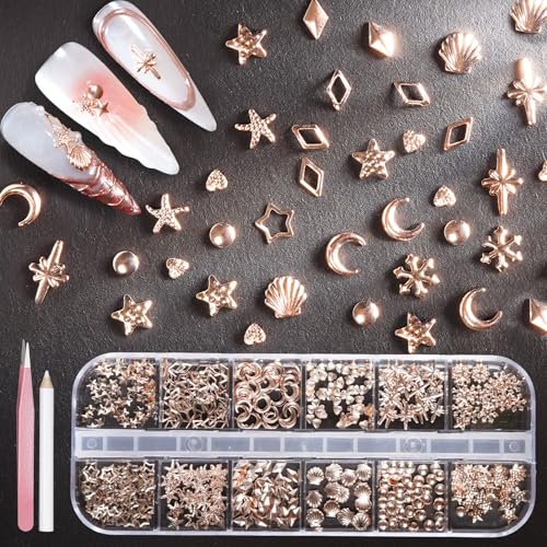 BUNNIEBEAUTY Rose Gold Nail Charms Kit with Star and Moon Shapes, Tweezers, and Pick-Up Pencil