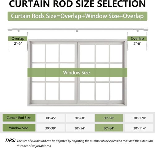 Adjustable Silver Curtain Rods by [Brand Name] - 5/8” Diameter, 30-90 Inch for 30-84 Inch Windows | 2 Pack with Brackets