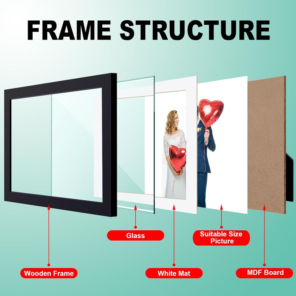 RPJC 11x14 Inch Picture Frame - Solid Wood & High Definition Glass | Displays 8x10 with Mat or 11x14 Without Mat, Black