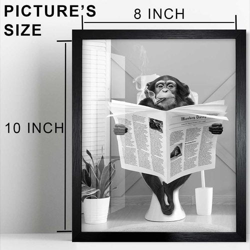Biufo Monkey on Toilet Wall Art - Framed Canvas Print for Bathroom Decor (8"x10")