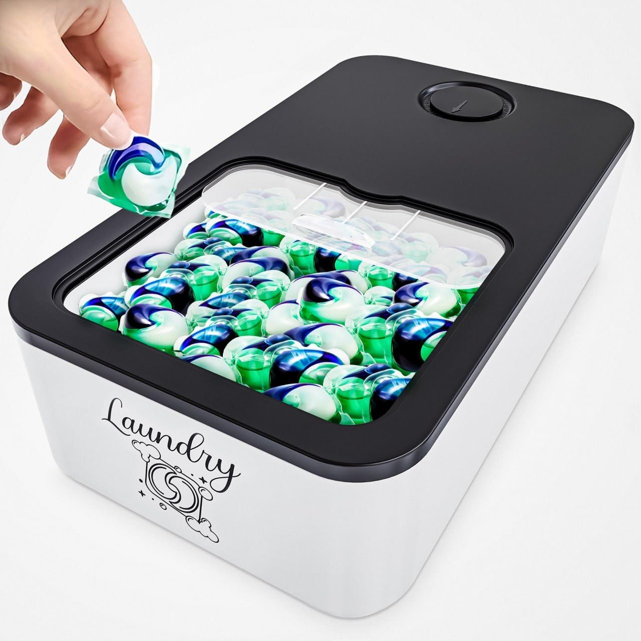 Skywin Laundry Pod Container with Slide Lid, 15 x 8.7 x 4.5 In, Holds 11 Pounds OR 120-150 Pods, Black with Print