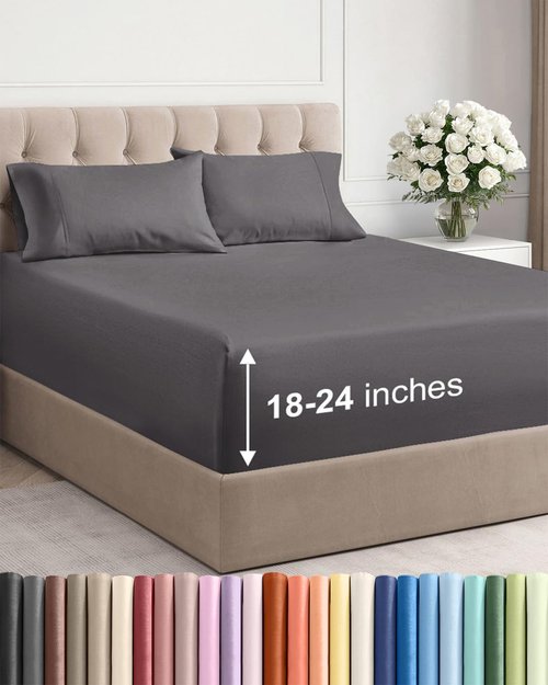 Extra Deep Queen Sheet Set - 4 Piece Breathable Cooling Bed Sheets - Fits 18-24 Inch Mattresses - Ultra Soft, Wrinkle-Free Dark Grey