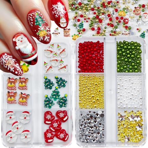 Christmas Nail Charms - 2 Boxes Red Green Metal Gems & Pearls