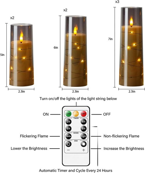 Eebuss Flameless Candles - Battery Operated LED Pillar with Timer & Remote Control | Set of 7 Grey
