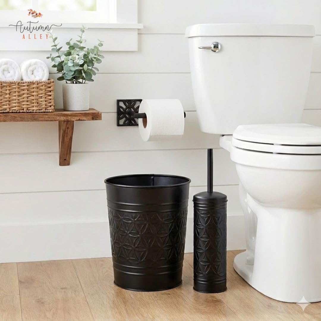 Autumn Alley Handcrafted Black Farmhouse Bathroom Trash Can and Toilet Bowl Brush with Holder Set - Metal Black Bathroom Accessories Set for Classic Bathroom Décor