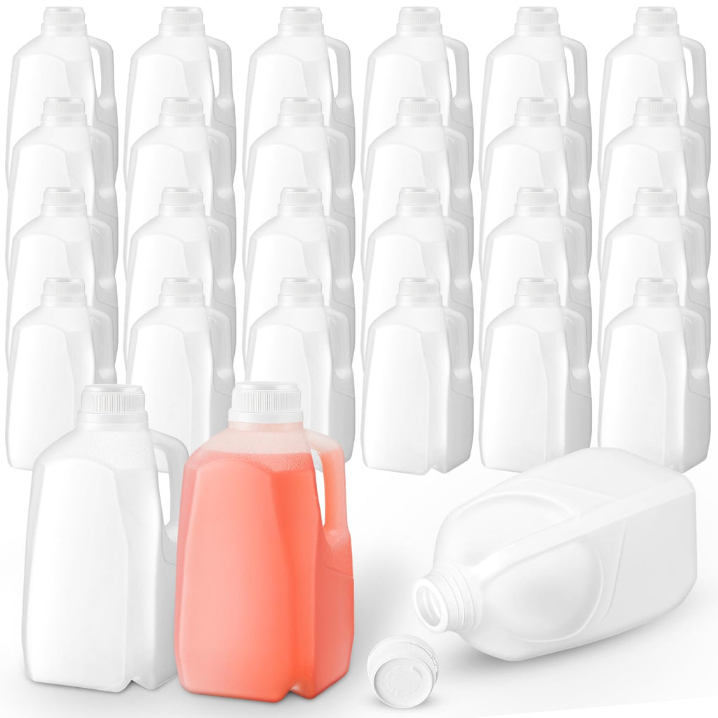 Skylety 24 Pack Mini Milk Jugs Plastic Gallon Jugs with Caps Water Juice Empty HDPE Soda Bottles Gallon Containers for Liquids Smoothies Tea(32 oz,White)