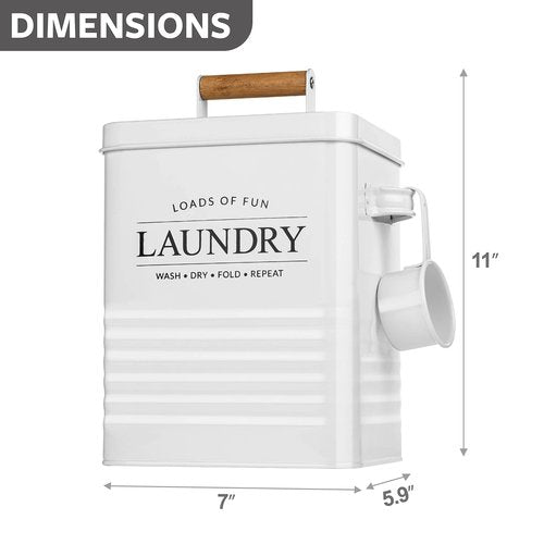 Calindiana Modern Farmhouse Metal Laundry Soap Dispenser with Scoop for Decor and Space Saving Organization, White