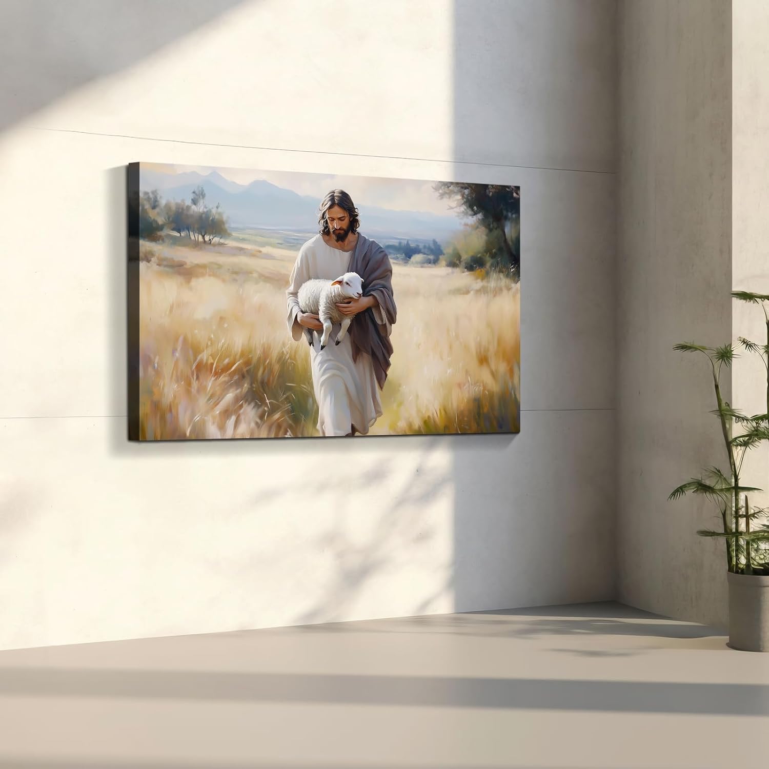 Wewejia Jesus and Lamb Canvas Wall Art - Large 46x32 Inch Religious Faith Print for Home Decor