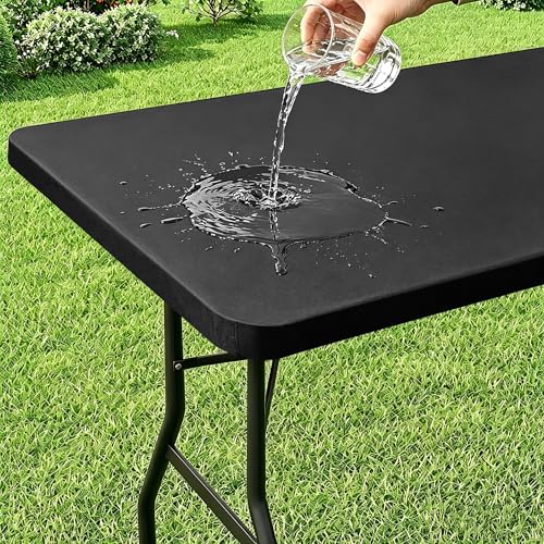 Misaya 72" x 30" Black Vinyl Tablecloth - Elastic Fitted, Waterproof for Camping & Dining