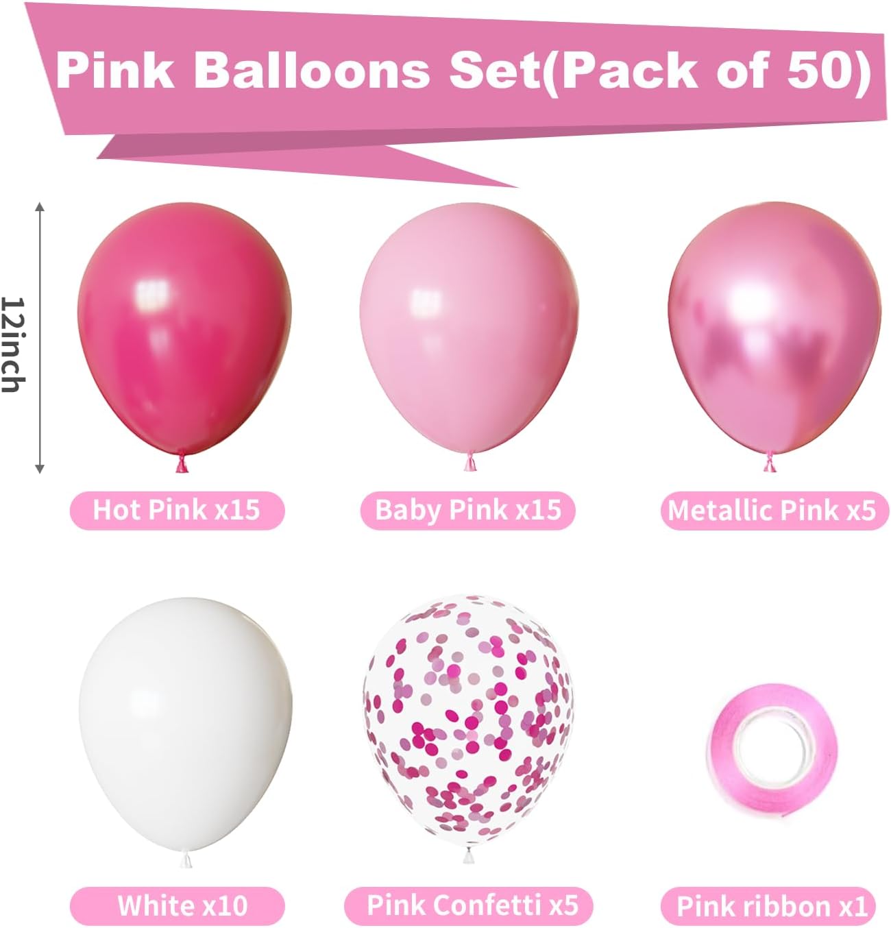 Skiennix Pink and White Balloons Kit - 50pcs 12 Inch Light Pink Latex & Confetti Balloons for Parties