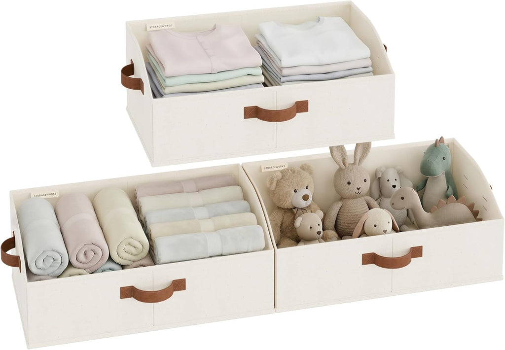 StorageWorks Trapezoid Storage Bins - Large Ivory White Fabric Closet Organizers | 3-Pack for Clothes, Toys, Towels
