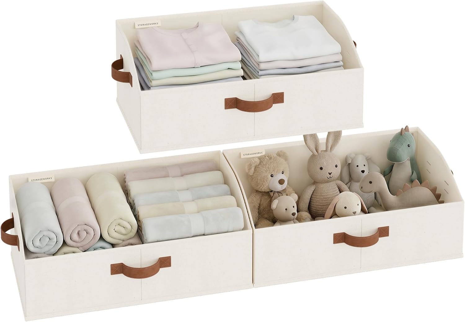 StorageWorks Trapezoid Storage Bins - Large Ivory White Fabric Closet Organizers | 3-Pack for Clothes, Toys, Towels