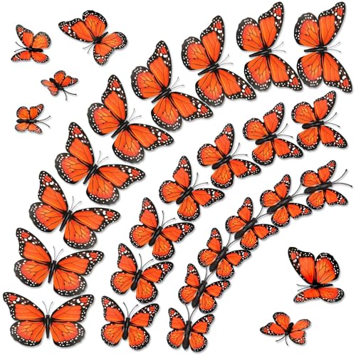 60Pcs 3D Monarch Butterfly Wall Decals - Magnetic Orange Butterfly Decor
