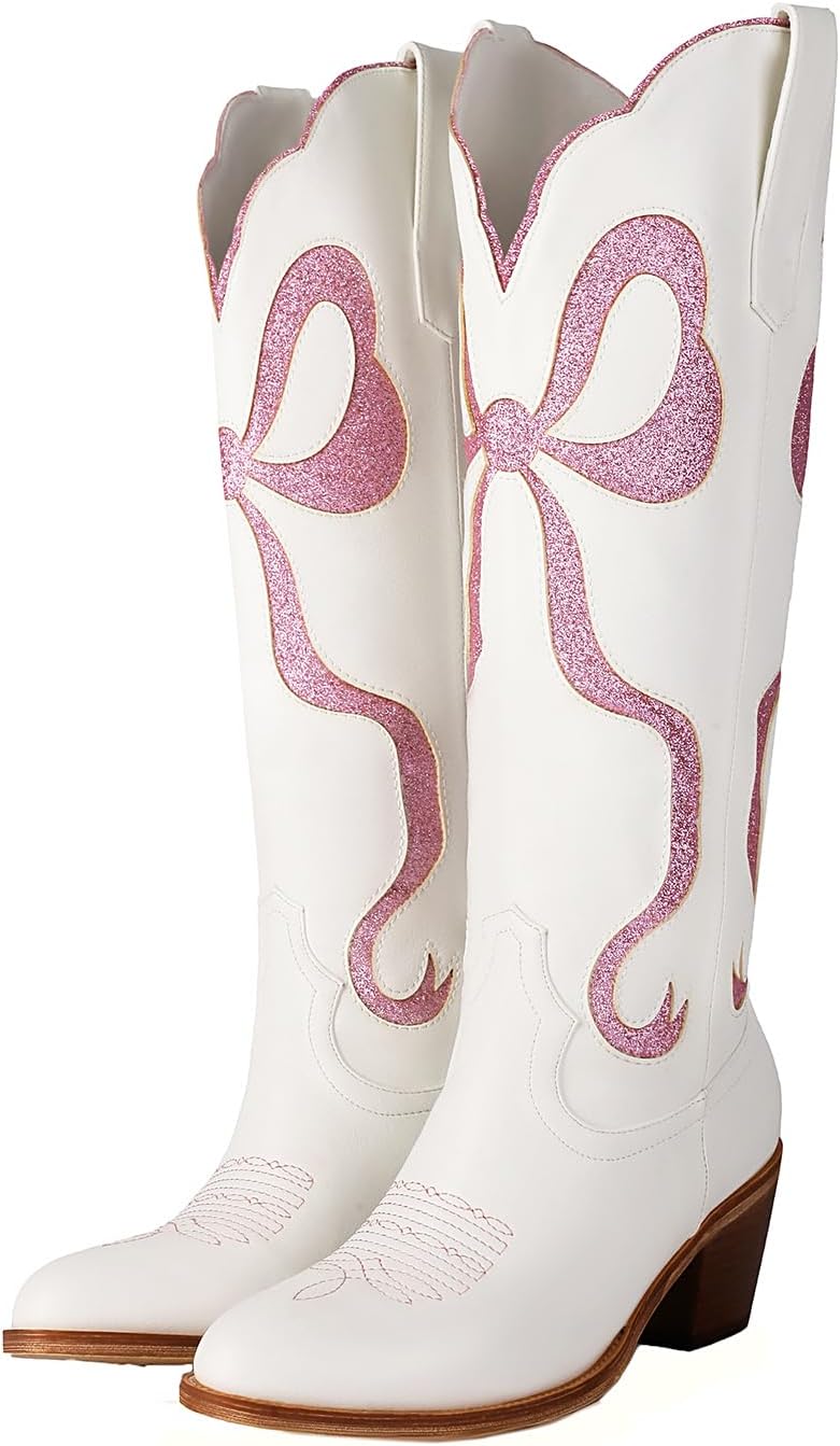 Skiennix Women's White Cowgirl Boots - Embroidered Knee High Design with Chunky Heel