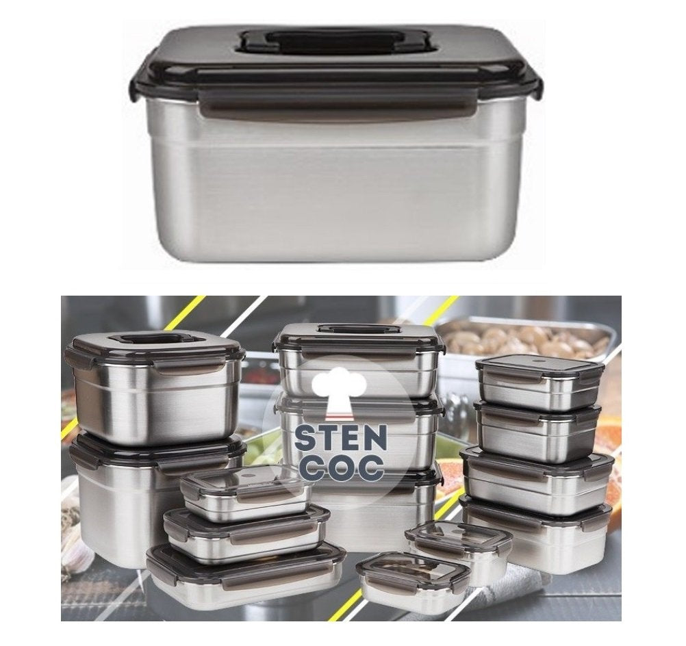 STENCOC Stainless Steel BPA Free Rectangular Leakproof Airtight Kimchi/Pickle/Food Storage Container Saver (3.6L / 122oz / 9.8") One Handle Half-Transparent Lid Stackable
