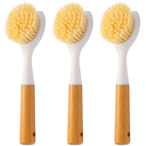 Cooptop 3 Pack Dish Brush Set with Bamboo Handle, Dish Scrubber Built-in Scraper, Kitchen Scrub Brush for Cleaning Cast Iron Cookware, Pans, Pots, Counter & Kitchen Sink (White)