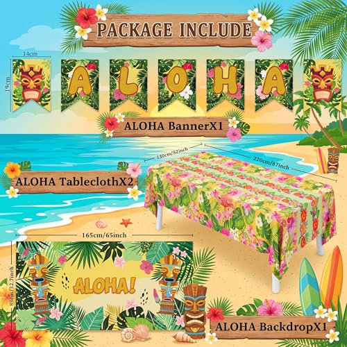 Aloha Luau Party Decorations Set - Yellow Hawaiian Theme Backdrop & Tablecloth