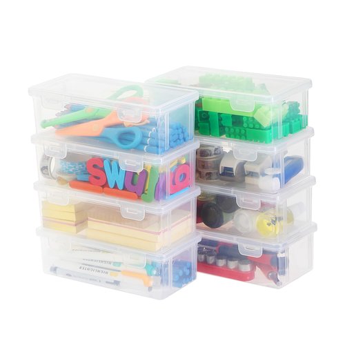 Swuj 8-Pack Clear Pencil Cases and Pencil Boxes, Stackable Plastic Pencil Box with Snap Lid, Large Capacity for Markers and Art Supplies for School, Office and Desk Organization – Rectangular Large