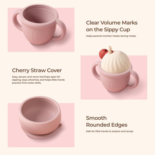 COZY ROCK Silicone Baby Feeding Set, Gelato Collection Baby Led Weaning Supplies, First Self-Feeding Ice Cream Set, Silicone Suction Bowl with Cherry Lid & Plate, Straw Cup & Bib, Fork & Spoon - Pink