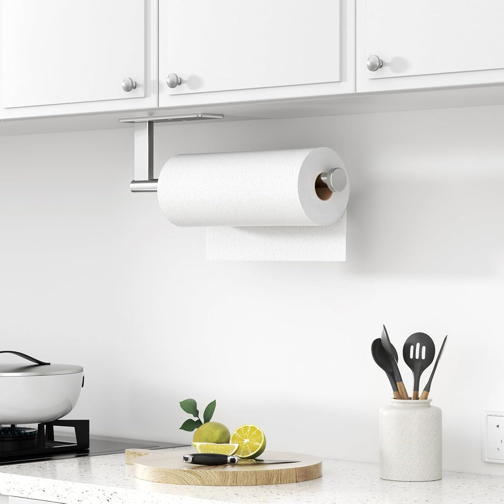 Stainless Steel Paper Towel Holder by [Brand Name] - Under Cabinet Wall Mount, Self-Adhesive or Drilling, Silver Kitchen Organizer