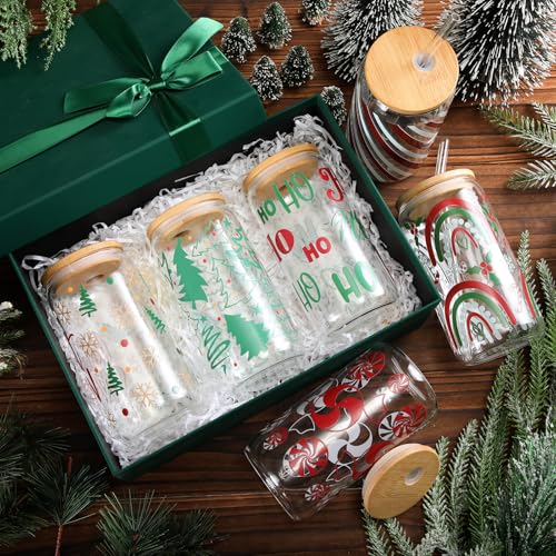 6 Pcs 16 oz Glass Cups with Bamboo Lids & Glass Straws – Candy Variation