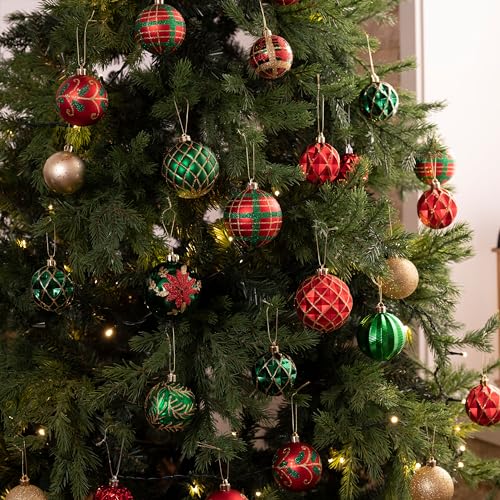 Christmas Tree Ornaments Set - Red Green Gold Large 3.2 Inch - 16pcs Holiday Decor