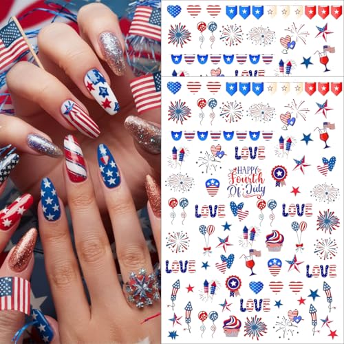 4th of July Nail Stickers 6 Sheets - 3D Self-Adhesive American Flag Decals