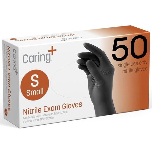 Caring Nitrile Exam Gloves, 50 Count, Powder Free and Not Made with Natural Rubber Latex, Gloves for Medical Use, Cleaning, Food Prep and More, Small, Black