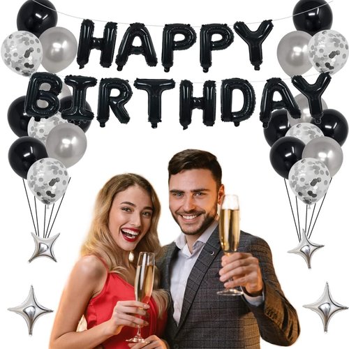 30th Birthday Party Decorations | Black & Silver Theme with Banner, Balloons & Foil Stars
