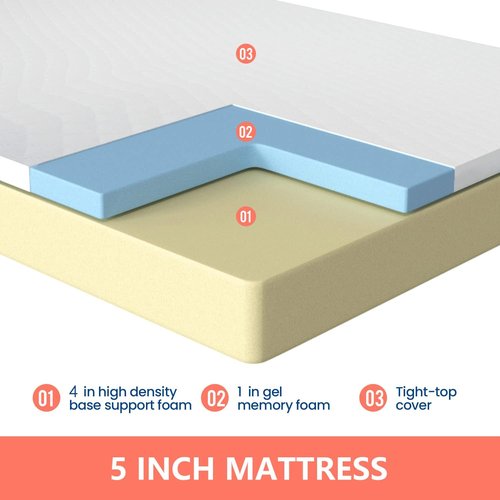 FDW 5-Inch Gel Memory Foam Mattress - Medium Firm | CertiPUR-US Certified | Pressure Relief & Cooling | White Bed in a Box