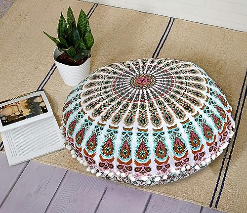22" Round Mandala Ottoman Cover - Pink-Mustard-Green Floor Cushion