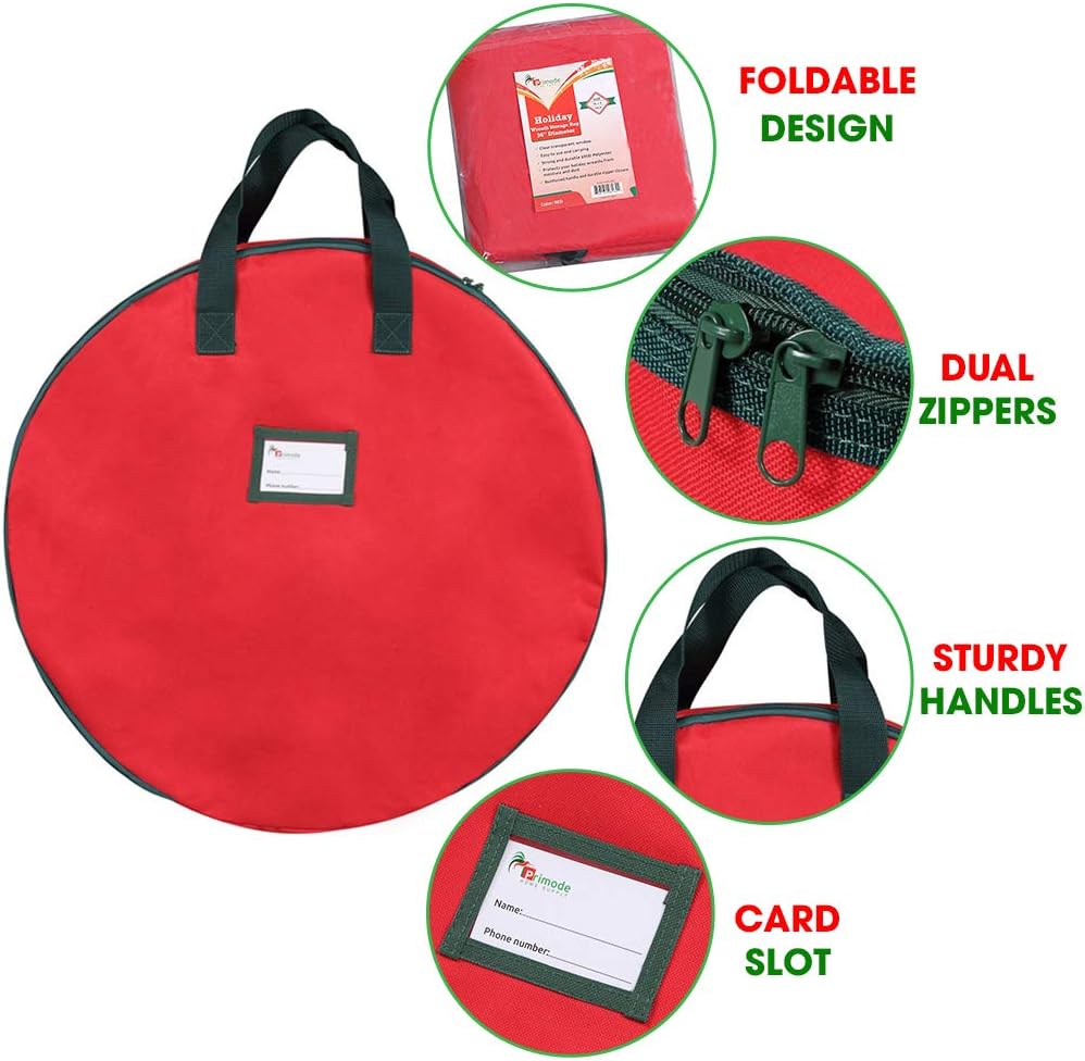 Primode Heavy Duty Christmas Wreath Storage Bag - Durable 600D Oxford Polyester, 24” Red Container with Handles