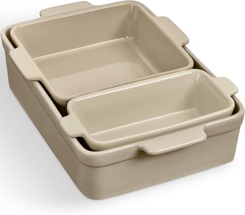 Best Choice Products 3-Piece Ceramic Bakeware Set - Versatile Stoneware Casserole Dishes | Mushroom Beige, 9x12 & 8x8 Sizes