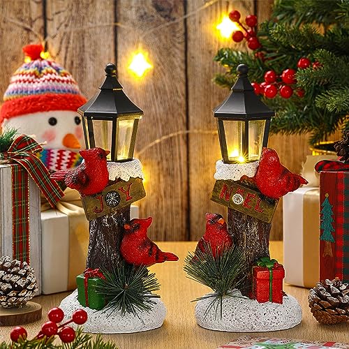 Christmas Lighted Lamp Set - Red Cardinal Tabletop Decor with Warm Lights