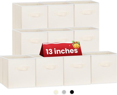 Criusia Large Storage Cubes - 13-Inch Collapsible Fabric Bins with Handles for Organizing Clothes, Blankets, Toys | 10-Pack Beige