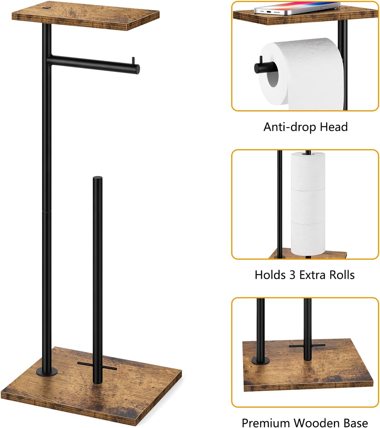 Rustic Brown Farmhouse Toilet Paper Dispenser - Free-Standing Holder with Shelf for Bathroom Storage