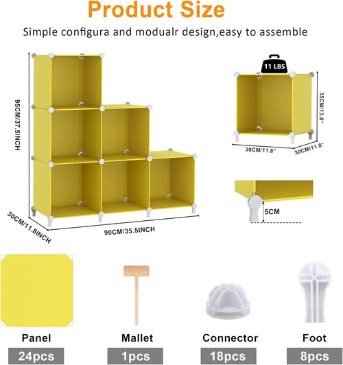 AWTATOS Cube Storage Organizer - 6-Cube DIY Stackable Bookshelf for Bedroom & Home - Yellow