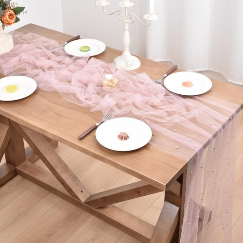 Dlpafzy Blushing Pink Pearl Valentine's Day Table Runner Boho Rustic Tulle Lace Table Runner for Baby Shower Wedding Arch Decor Veil Dessert Table Decor