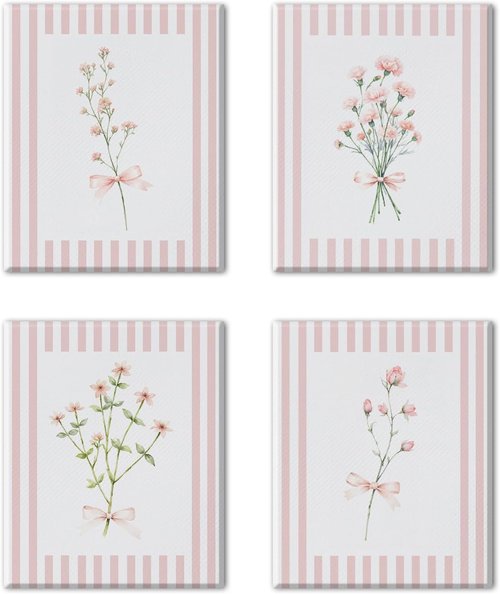 JINYO Floral Canvas Wall Art Set - Coquette Pink Bow Design | Framed 8x10 Inch Decor for Girls' Room