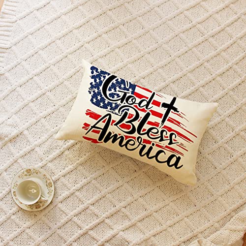 4th of July God Bless America Flag Throw Pillow Cover - 12x20