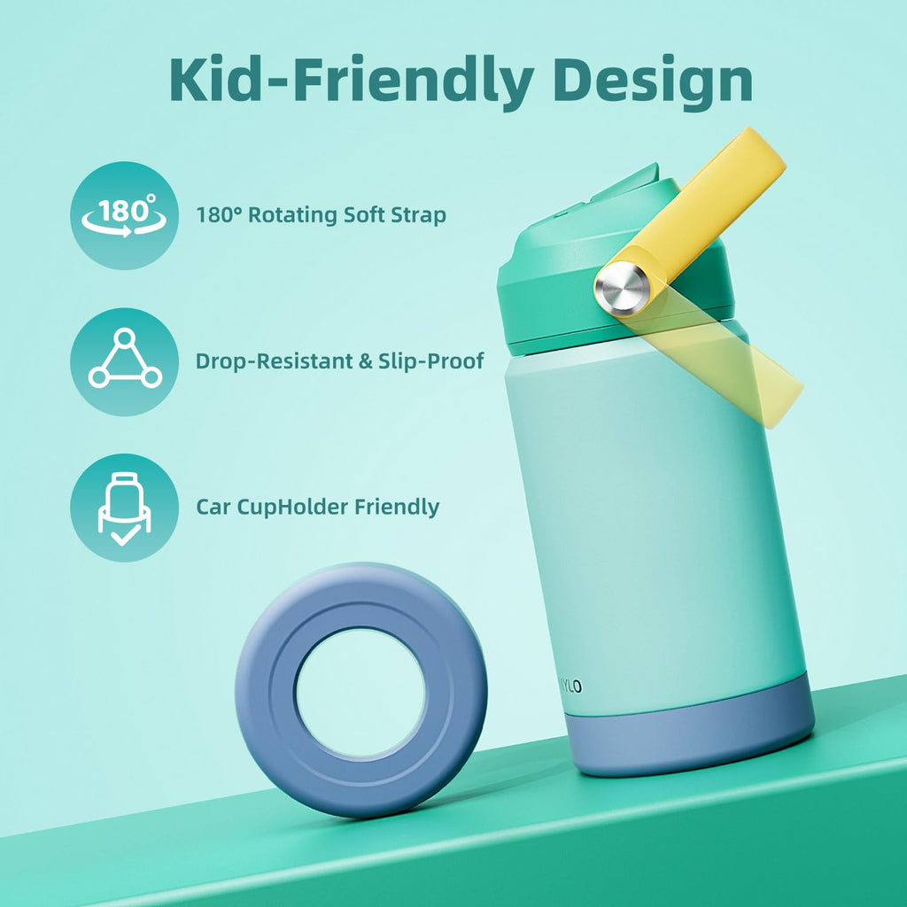 RAYMYLO Kids Water Bottle Stainless Steel Insulated, 12 oz Toddler Water Bottle for School Boys Girls, Toddler cups with Straw, Dishwasher Safe & BPA Free, Included DIY Stickers & Name Tag