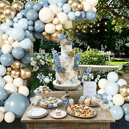 Dusty Blue Gold Balloon Garland Arch Kit - 128 Pieces for Parties