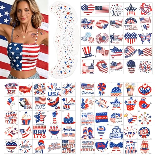 DUSCAU Patriotic Temporary Tattoos 152pcs - Red, White and Blue 4th of July Party Supplies