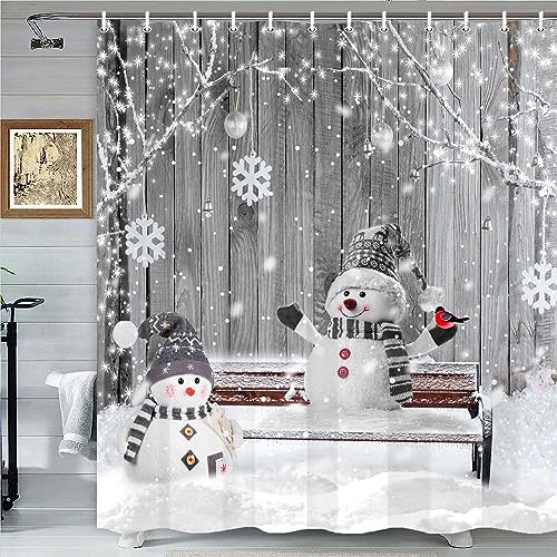 Grey Snowman Christmas Shower Curtain 72x72 Inches - Holiday Bathroom Decor