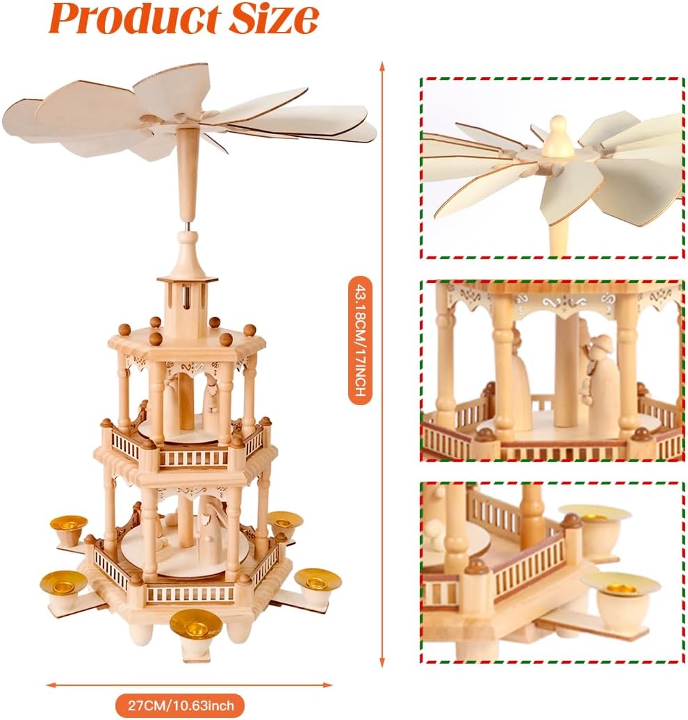 Rotating Christmas Pyramids | 17-Inch Wooden Nativity Scene with 6 Candle Holders & 3 Tiers