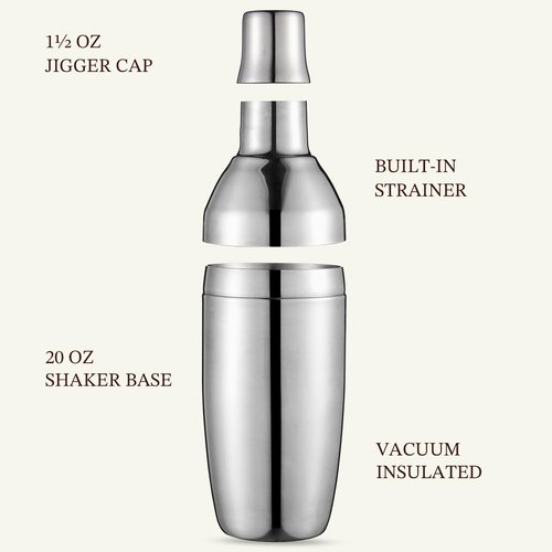 KITESSENSU Cocktail Shaker Set with Carry Case: Vacuum Insulated Martini Shaker with Built-in Strainer, 2 Martini Glasses, Measuring Jigger, Bar Mixing Spoon & Cocktail Recipes, Travel Bar Tool Set