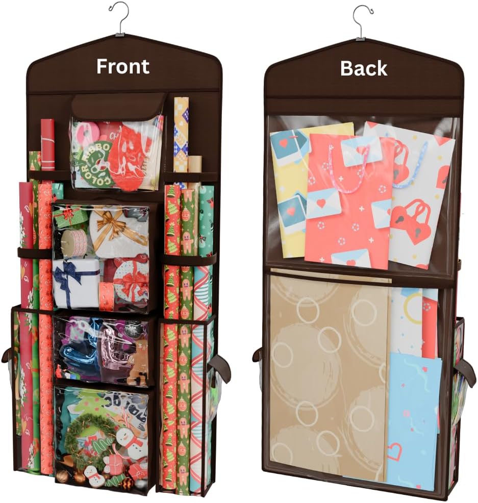 ProPik Hanging Double-Sided Wrapping Paper Organizer - Store Gift Wrap, Bags & Ribbons | 40" x 17" Clear PVC Bag (Brown)