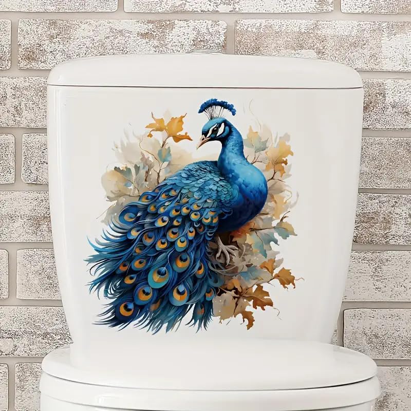 Peacock Blue Floral Toilet Seat Decal - Self-Adhesive Bathroom Sticker