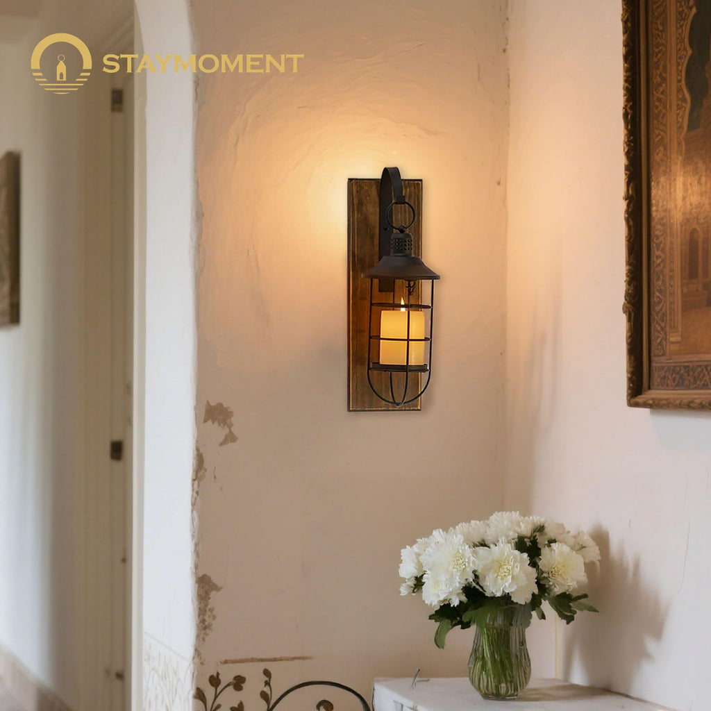 Staymoment Wall Sconces Candle Holder: Set of 2 Farmhouse Wall Lantern Decor Wood Brown Decorations Indoor for Living Room Front Door Porch