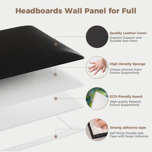 MAQQL Black Stick-On Wall Mounted Headboard - 6-Piece Modular Bed Backboard for Queen Size Beds, 24 x 12 Inches Each, Easy-to-Install, Sound-Proofing, and Decorative Bed Headboard for Modern Bedrooms